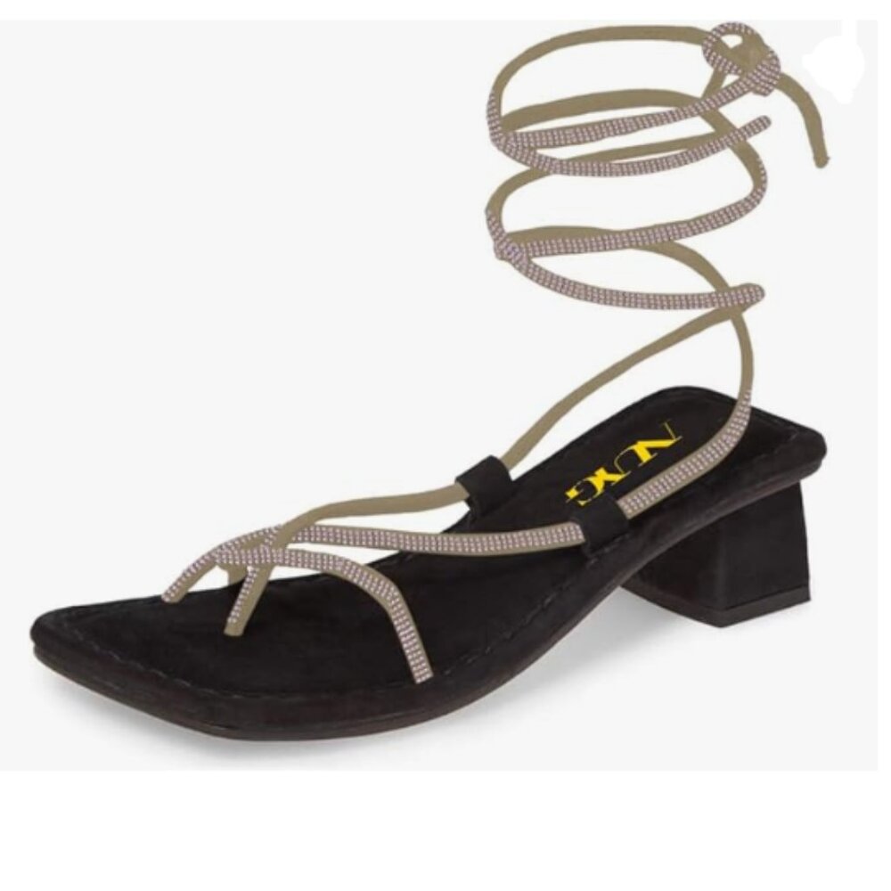 Black Sexy Gladiator Block Low Heel Ankle Strap Open Square Toe Lace Up Sandal